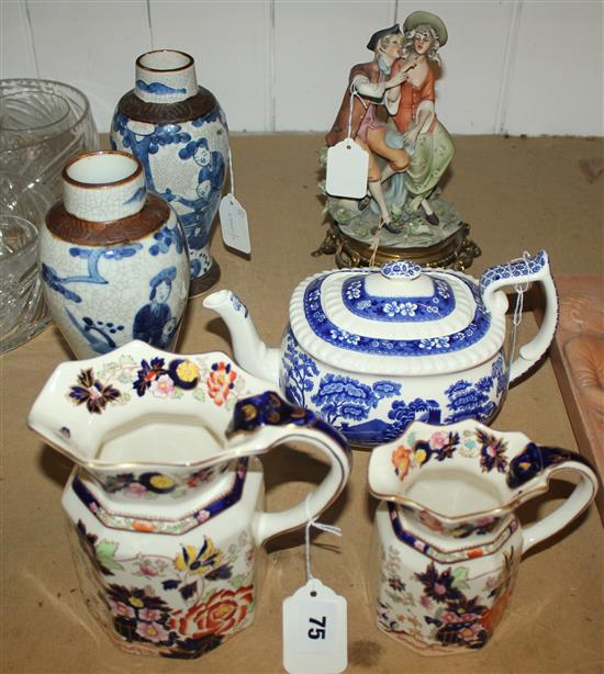 Capodimonte group of lovers, signed, gilt base, pair modern Chinese vases, Spode teapot & 2 Masons graduated jugs